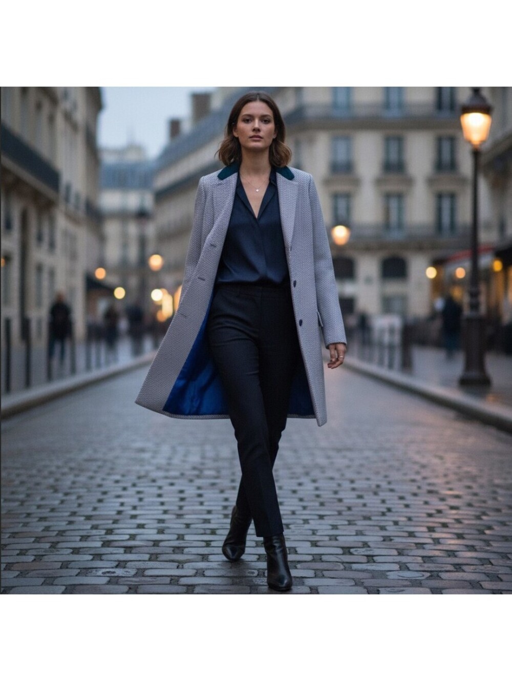 QMack Patterned Wool Blend Overcoat with Blue Velvet Collar